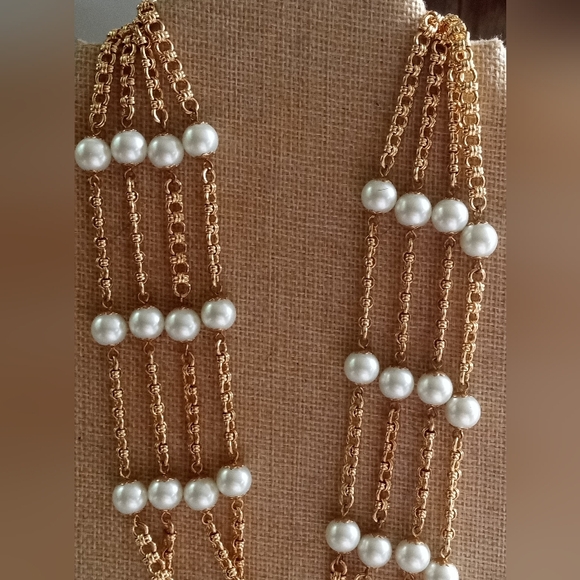 Kenneth J. Lane Four Strand Faux Pearls Gold Tone Çhain Signed VTG Necklace - Picture 2 of 10